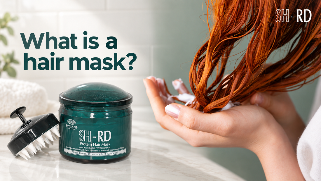 SH-RD Protein Hair Mask beside hands applying conditioning cream to wet hair, with the title “What is a hair mask?”